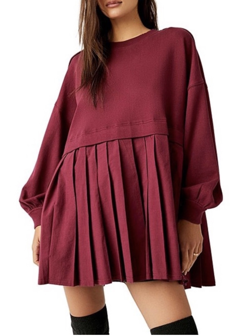 Free People Eleanor Sweatshirt Dress Rhododendron Burgundy Oversized Pleated S
